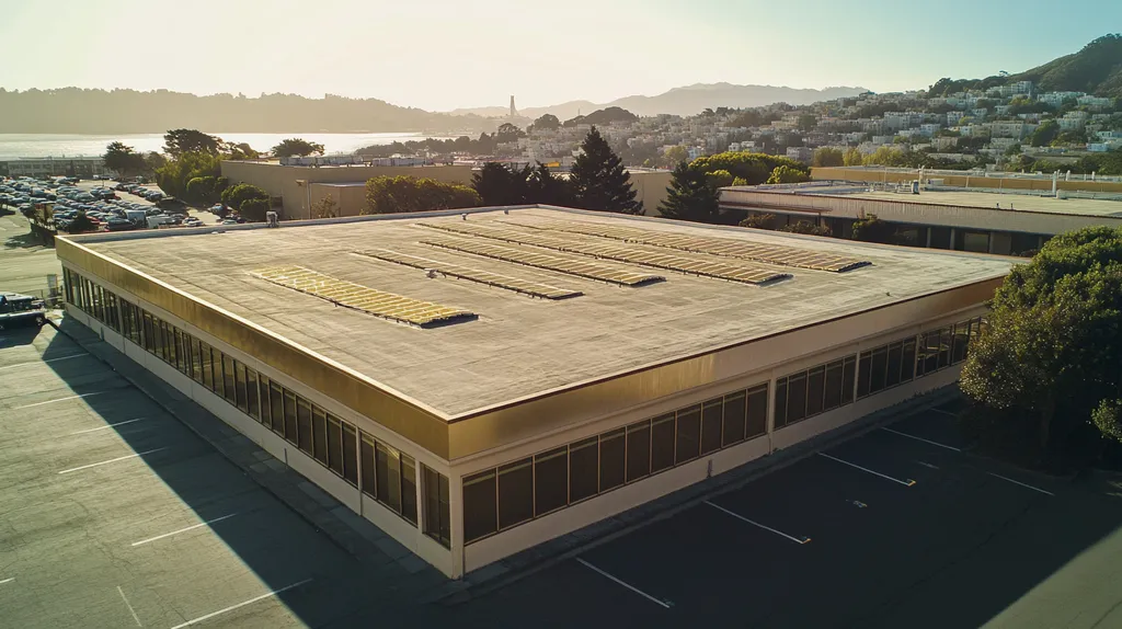 A commercial roof on a fitness gym in a location similar to San Francisco with a solid gold aesthetic (AI image)