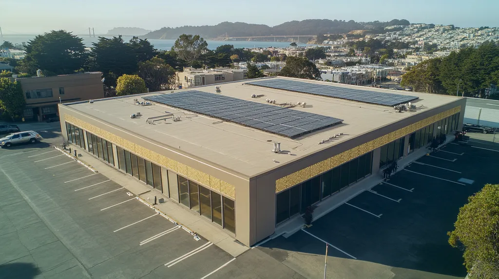 A commercial roof on a fitness gym in a location similar to San Francisco with a solid gold aesthetic (AI image)