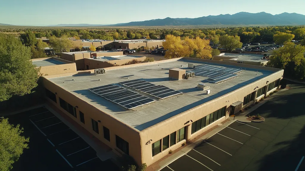 A commercial roof on a fitness gym in a location similar to Santa Fe with a Polaroid aesthetic (AI image)