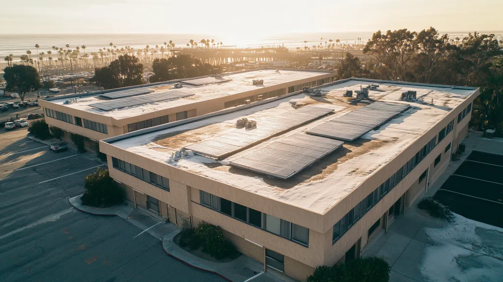 A commercial roof on a fitness gym in a location similar to Santa Monica with a snowy day aesthetic (AI image)