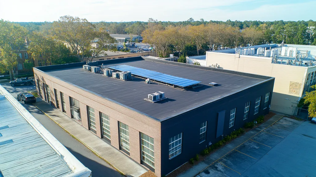 A commercial roof on a fitness gym in a location similar to Savannah with a color highlight aesthetic (AI image)