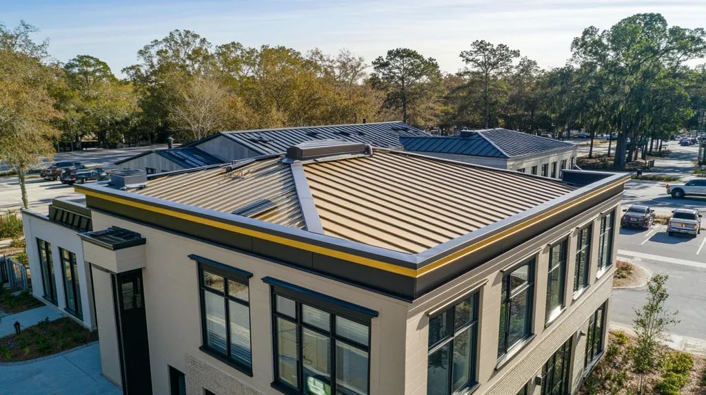 A commercial roof on a fitness gym in a location similar to Savannah with a solid gold aesthetic (AI image)