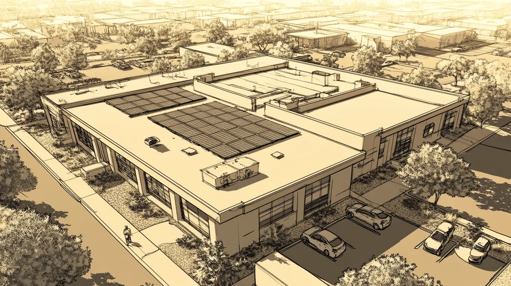 A commercial roof on a fitness gym in a location similar to Scottsdale with an architectural sketch rendering aesthetic (AI image)