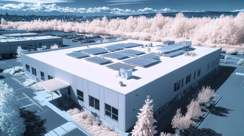 A commercial roof on a fitness gym in a location similar to Seattle with an infrared photography aesthetic (AI image)