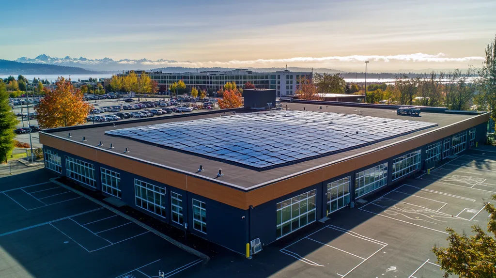 A commercial roof on a fitness gym in a location similar to Seattle with a stained glass style aesthetic (AI image)