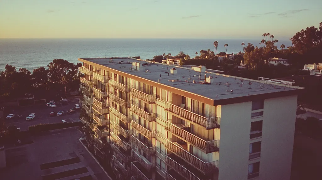A commercial roof on high-rise apartments in a location similar to Malibu with a Polaroid aesthetic (AI image)