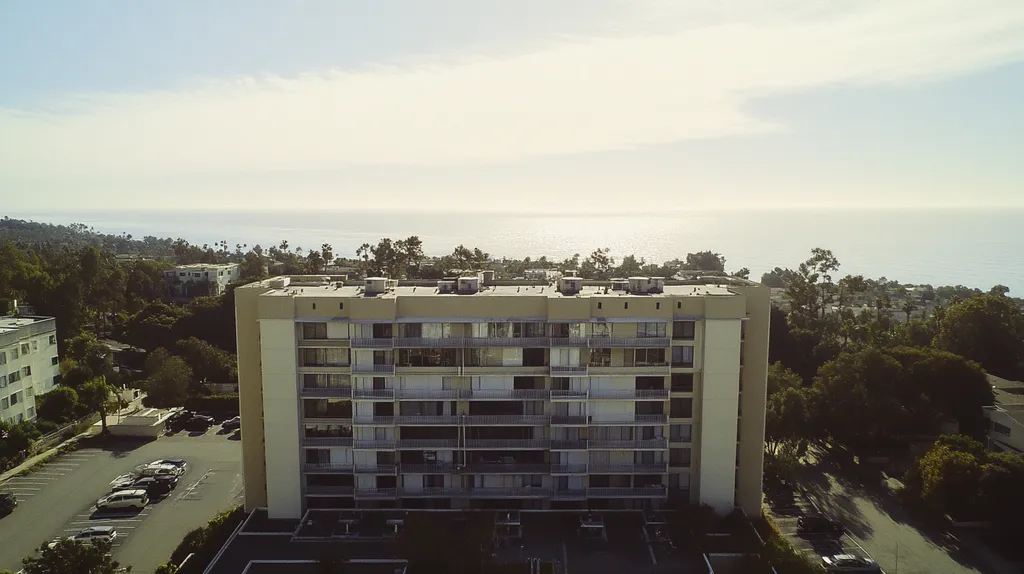 A commercial roof on high-rise apartments in a location similar to Malibu with a Polaroid aesthetic (AI image)