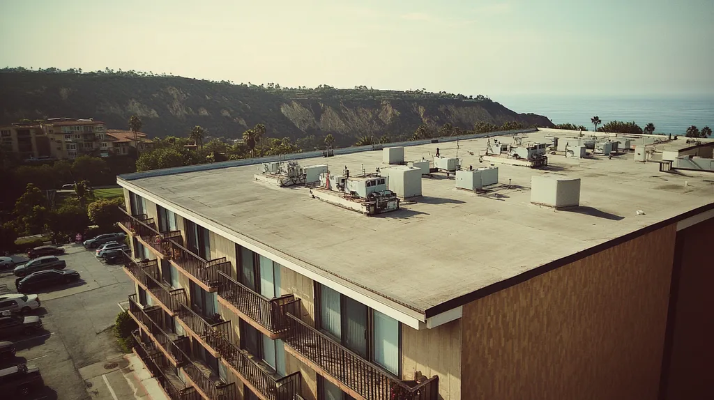A commercial roof on high-rise apartments in a location similar to Malibu with a Polaroid aesthetic (AI image)