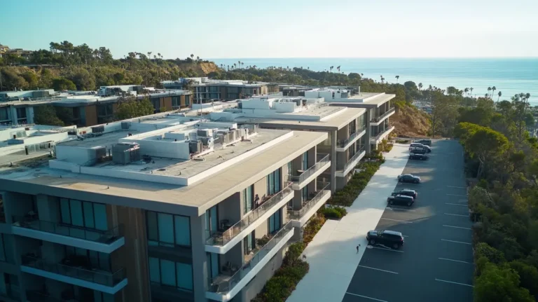 A commercial roof on high-rise apartments in a location similar to Malibu with an architectural photography aesthetic (AI image)