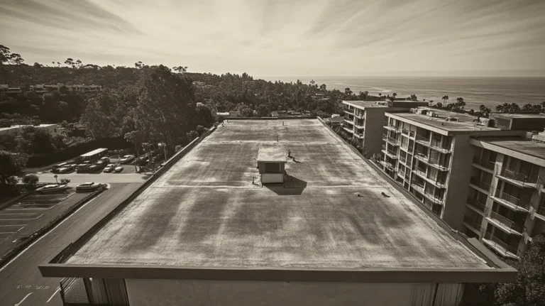 A commercial roof on high-rise apartments in a location similar to Malibu with a tintype aesthetic (AI image)