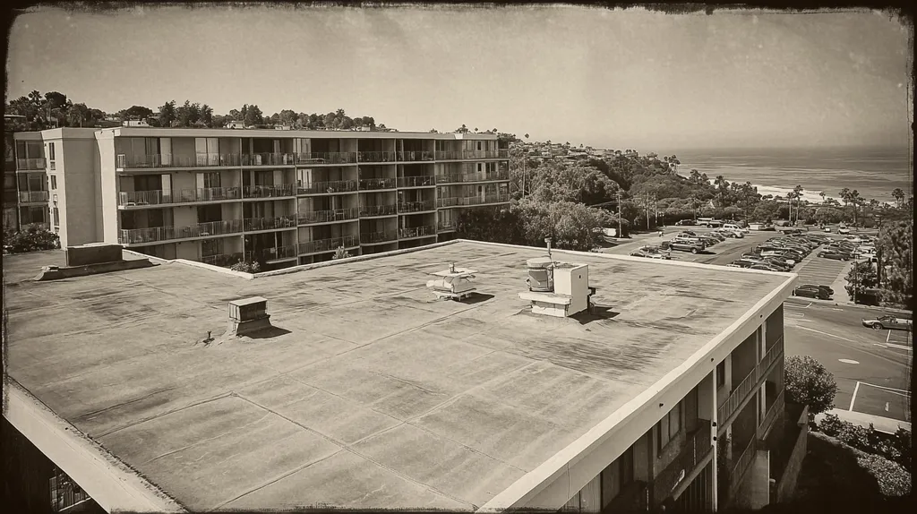 A commercial roof on high-rise apartments in a location similar to Malibu with a tintype aesthetic (AI image)