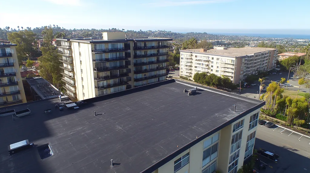 A commercial roof on high-rise apartments in a location similar to Malibu with an urban context aesthetic (AI image)