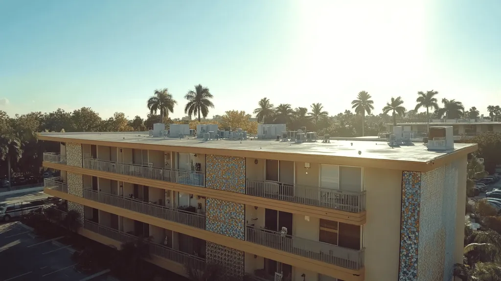 A commercial roof on high-rise apartments in a location similar to Miami with a mosaic tile art aesthetic (AI image)