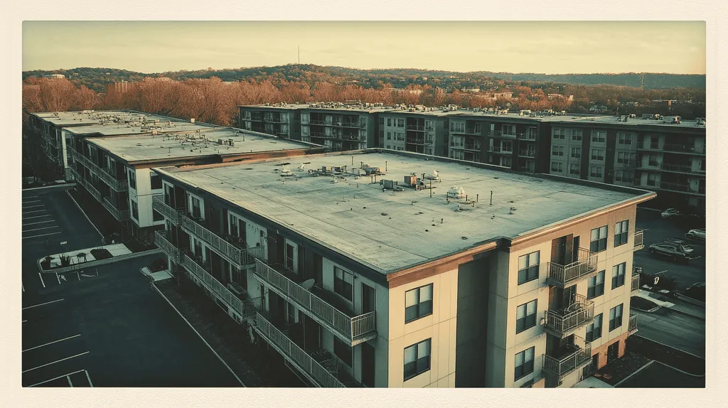 A commercial roof on high-rise apartments in a location similar to Nashville with a Polaroid aesthetic (AI image)