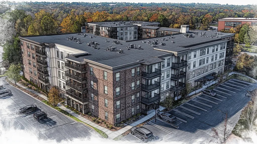 A commercial roof on high-rise apartments in a location similar to Nashville with a charcoal sketch aesthetic (AI image)