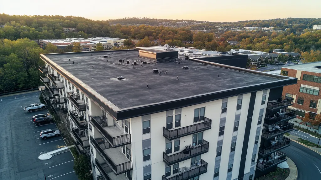 A commercial roof on high-rise apartments in a location similar to Nashville with a charcoal sketch aesthetic (AI image)