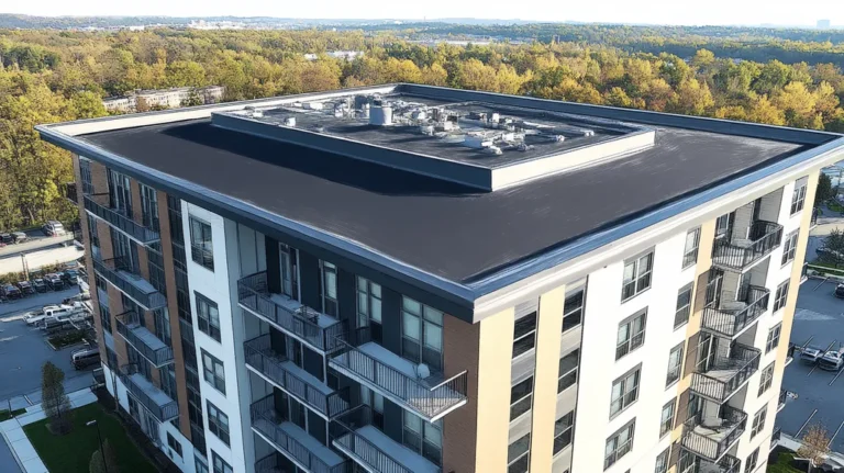 A commercial roof on a high-rise apartment in a location similar to Nashville with a charcoal sketch aesthetic (AI image)