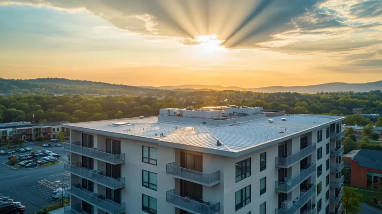 A commercial roof on high-rise apartments in a location similar to Nashville with a light beams aesthetic (AI image)