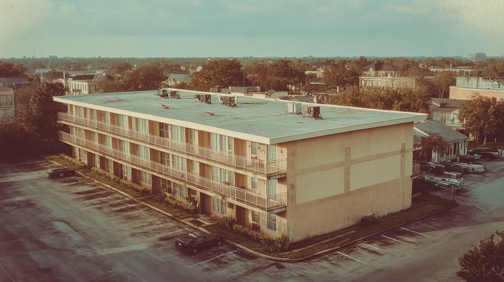 A commercial roof on high-rise apartments in a location similar to New Orleans with a Polaroid aesthetic (AI image)