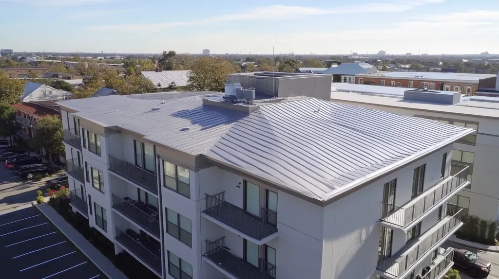 A commercial roof on high-rise apartments in a location similar to New Orleans with a futuristic aesthetic (AI image)