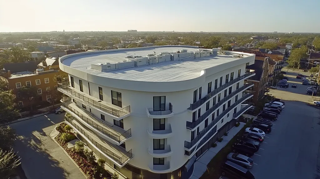 A commercial roof on high-rise apartments in a location similar to New Orleans with a futuristic aesthetic (AI image)