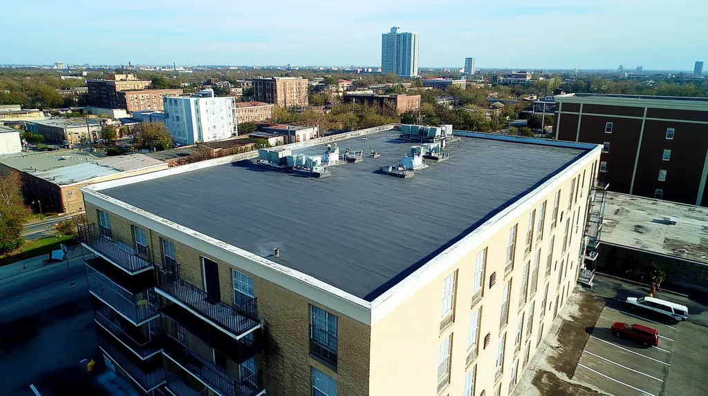 A commercial roof on high-rise apartments in a location similar to New Orleans with an urban context aesthetic (AI image)