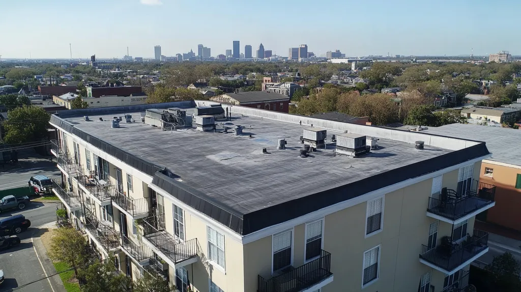 A commercial roof on high-rise apartments in a location similar to New Orleans with an urban context aesthetic (AI image)