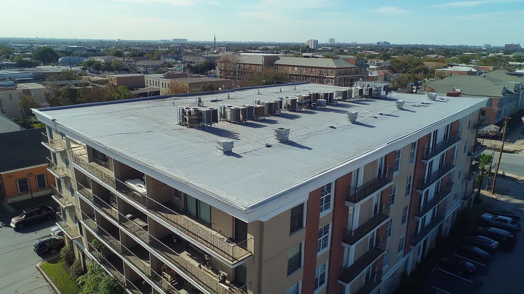 A commercial roof on high-rise apartments in a location similar to New Orleans with an urban context aesthetic (AI image)