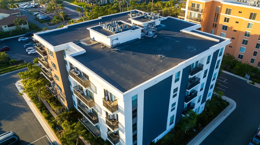 A commercial roof on high-rise apartments in a location similar to Newport Beach with a color highlight aesthetic (AI image)