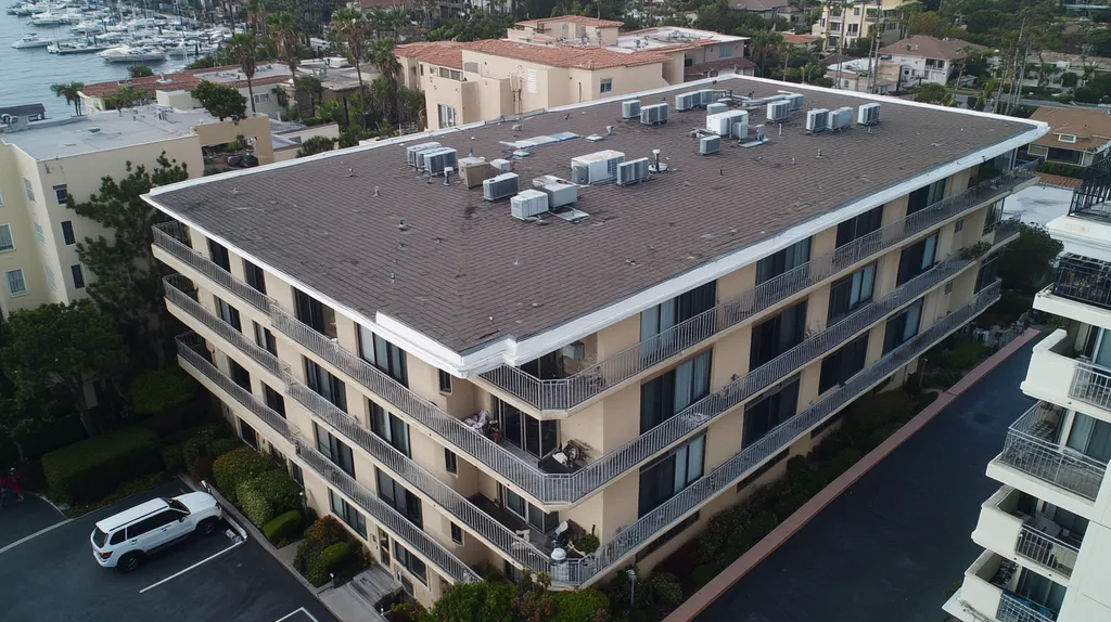 A commercial roof on high-rise apartments in a location similar to Newport Beach with a color highlight aesthetic (AI image)
