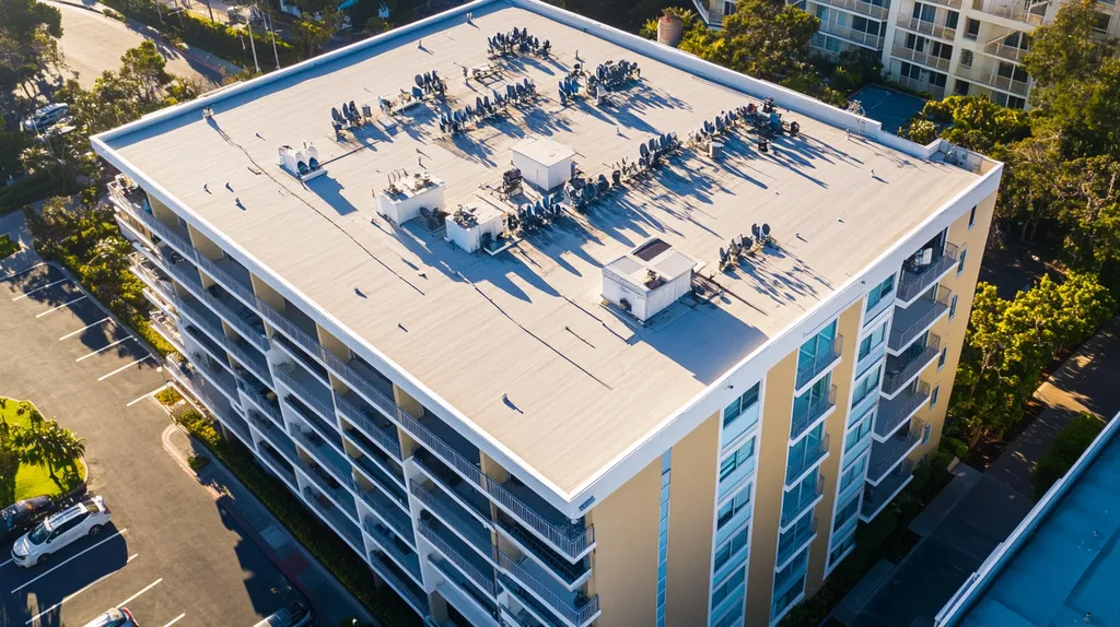 A commercial roof on high-rise apartments in a location similar to Newport Beach with a color highlight aesthetic (AI image)