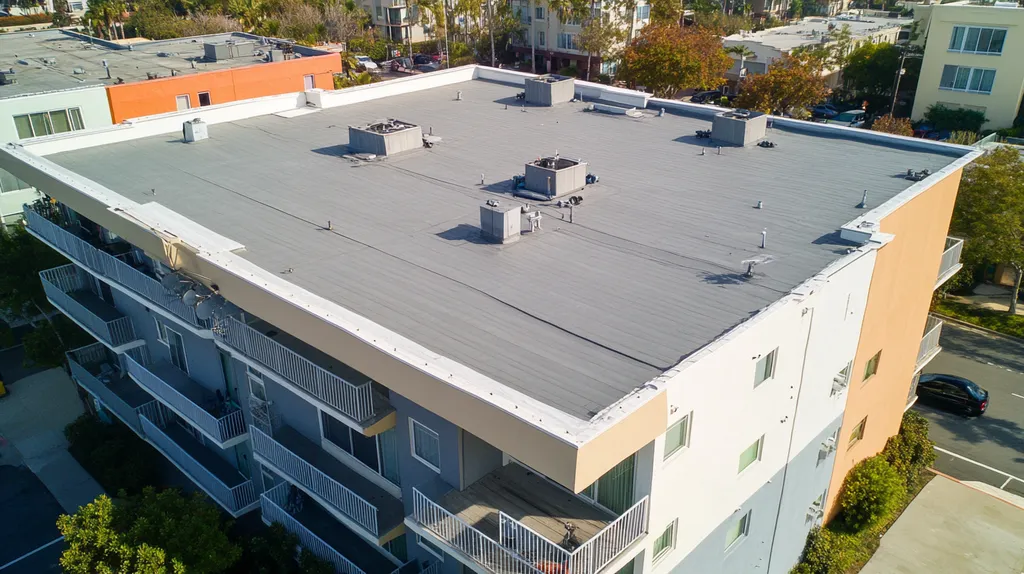 A commercial roof on high-rise apartments in a location similar to Newport Beach with a color highlight aesthetic (AI image)