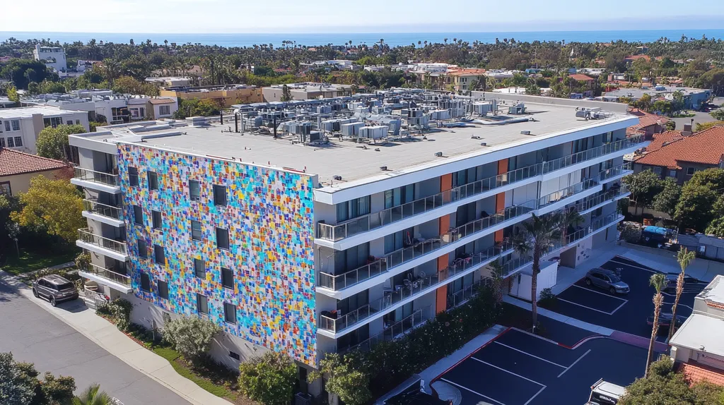A commercial roof on high-rise apartments in a location similar to Newport Beach with a mosaic tile art aesthetic (AI image)