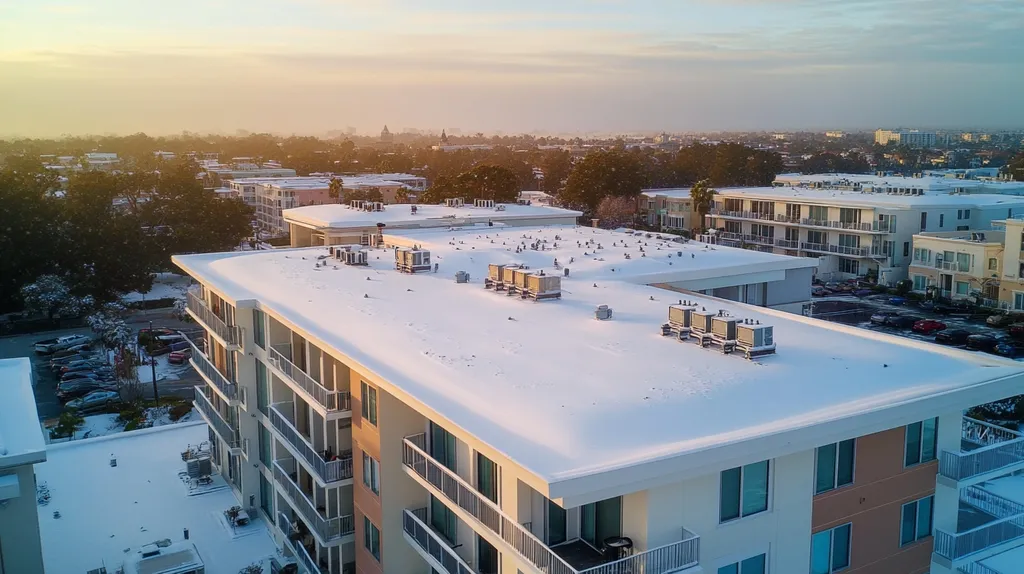 A commercial roof on high-rise apartments in a location similar to Newport Beach with a snowy day aesthetic (AI image)