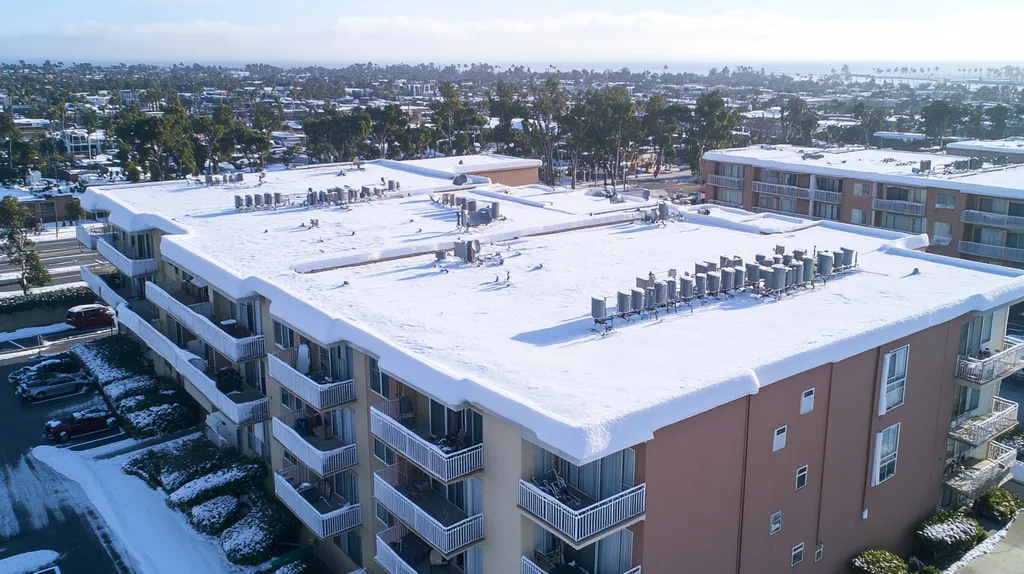 A commercial roof on high-rise apartments in a location similar to Newport Beach with a snowy day aesthetic (AI image)