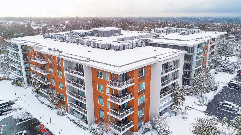 A commercial roof on high rise apartments in a location similar to Newport Beach with a snowy day aesthetic (AI image)