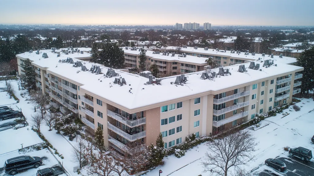 A commercial roof on high-rise apartments in a location similar to Newport Beach with a snowy day aesthetic (AI image)