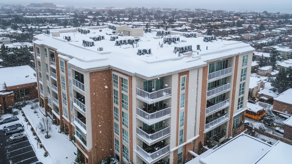 A commercial roof on high-rise apartments in a location similar to Newport Beach with a snowy day aesthetic (AI image)