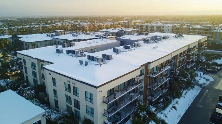 A commercial roof on high-rise apartments in a location similar to Newport Beach with a snowy day aesthetic (AI image)