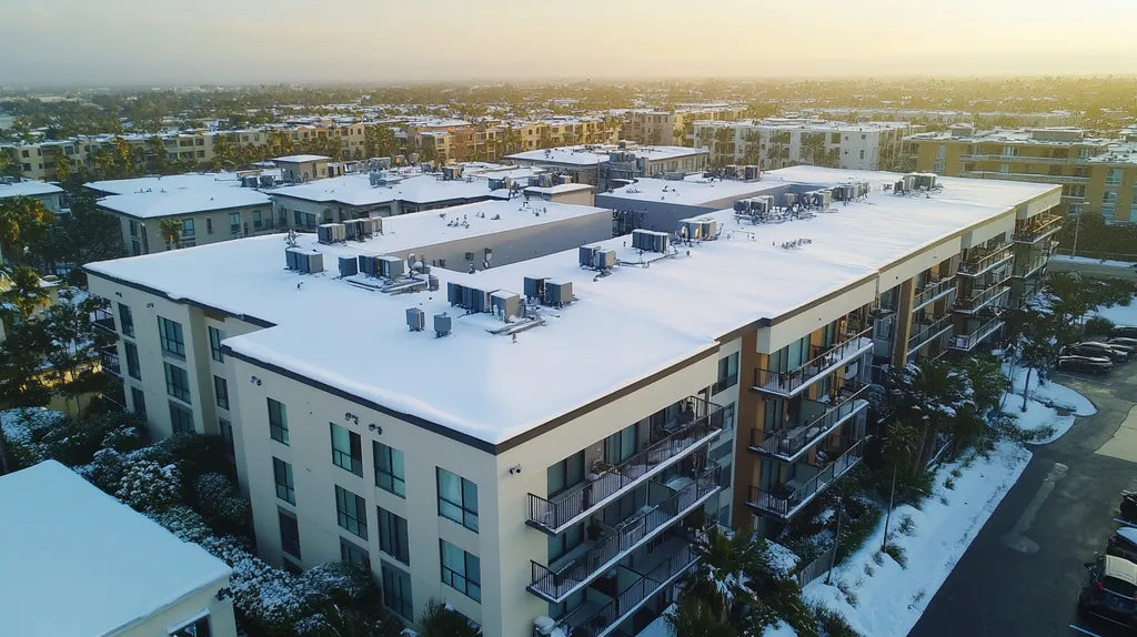 A commercial roof on high-rise apartments in a location similar to Newport Beach with a snowy day aesthetic (AI image)