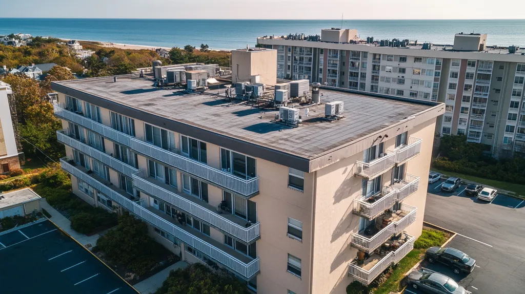 A commercial roof on high-rise apartments in a location similar to Newport, Rhode Island with a cross-processed look aesthetic (AI image)