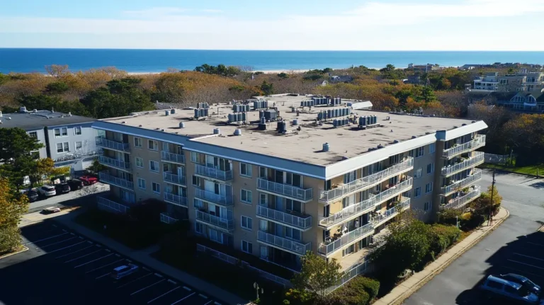 A commercial roof on high-rise apartments in a location similar to Newport, Rhode Island with a cross-processed look aesthetic (AI image)