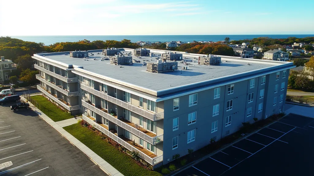 A commercial roof on high-rise apartments in a location similar to Newport, Rhode Island, with a cross-processed look aesthetic (AI image)