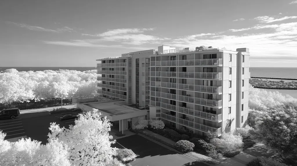 A commercial roof on high-rise apartments in a location similar to Newport, Rhode Island with an infrared photography aesthetic (AI image)