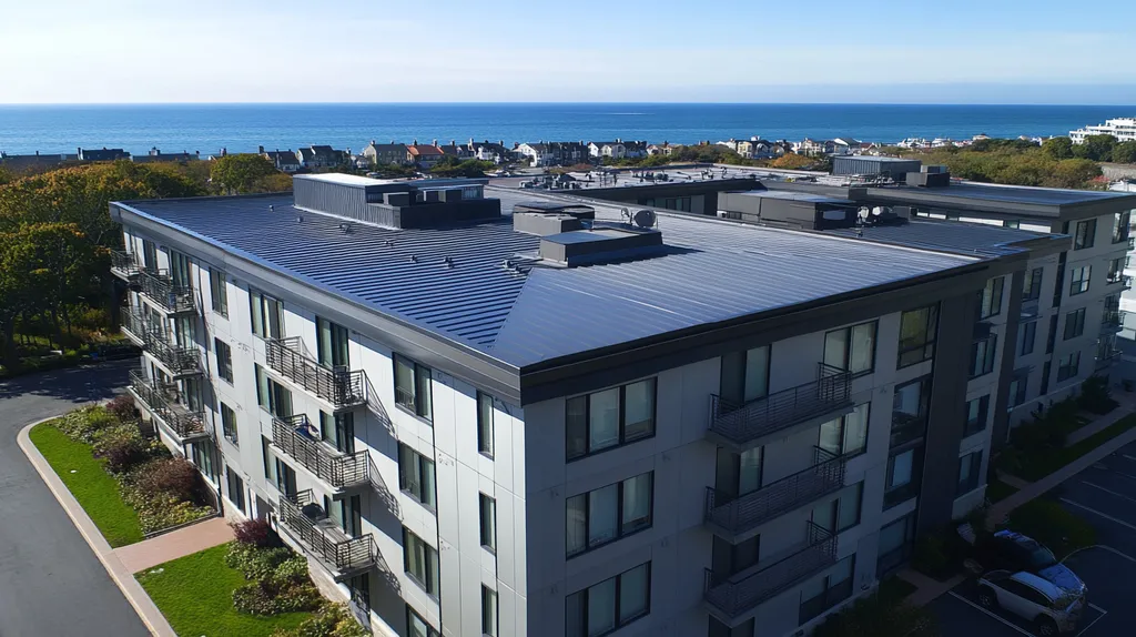 A commercial roof on high-rise apartments in a location similar to Newport, Rhode Island with a stainless steel aesthetic (AI image)