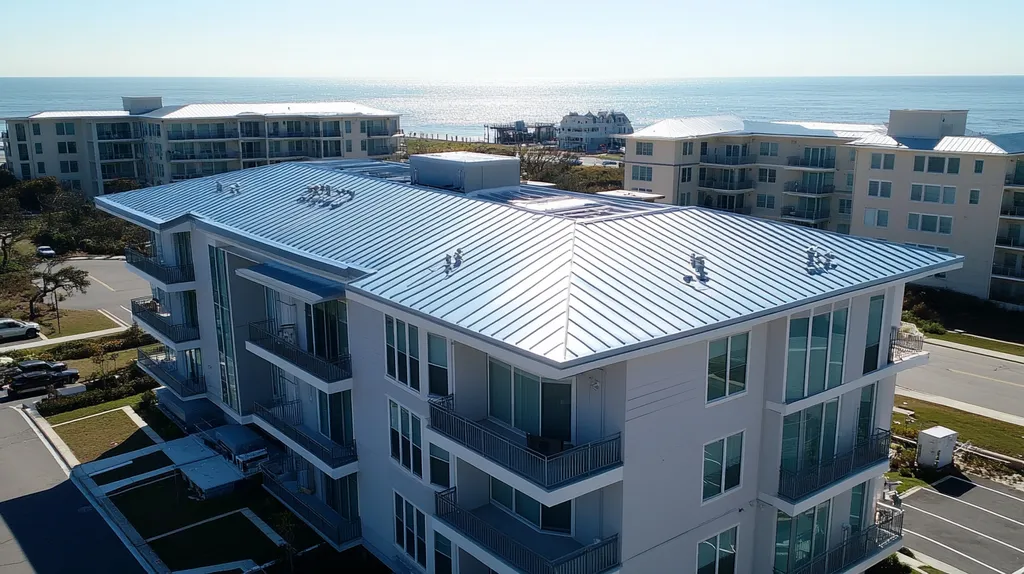 A commercial roof on high-rise apartments in a location similar to Newport, Rhode Island with a stainless steel aesthetic (AI image)