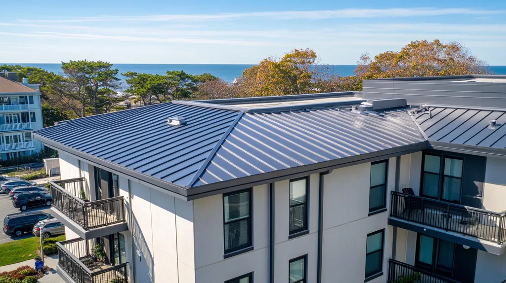A commercial roof on high-rise apartments in a location similar to Newport, Rhode Island with a stainless steel aesthetic (AI image)