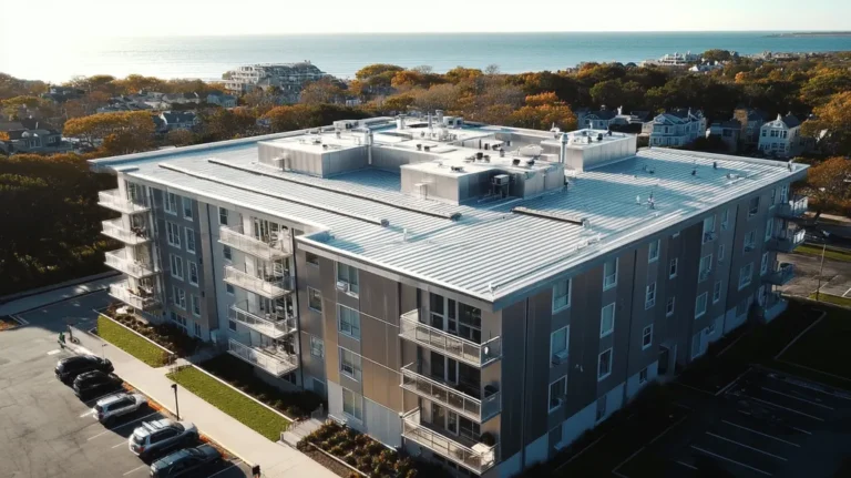 A commercial roof on high-rise apartments in a location similar to Newport, Rhode Island with a stainless steel aesthetic (AI image)