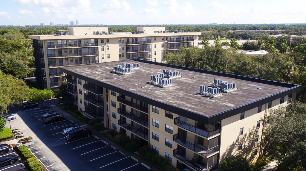 A commercial roof on high-rise apartments in a location similar to Orlando with a comic book style aesthetic (AI image)