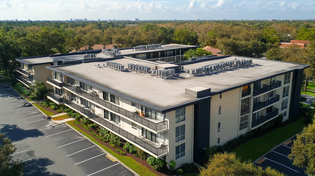 A commercial roof on high-rise apartments in a location similar to Orlando with a comic book style aesthetic (AI image)